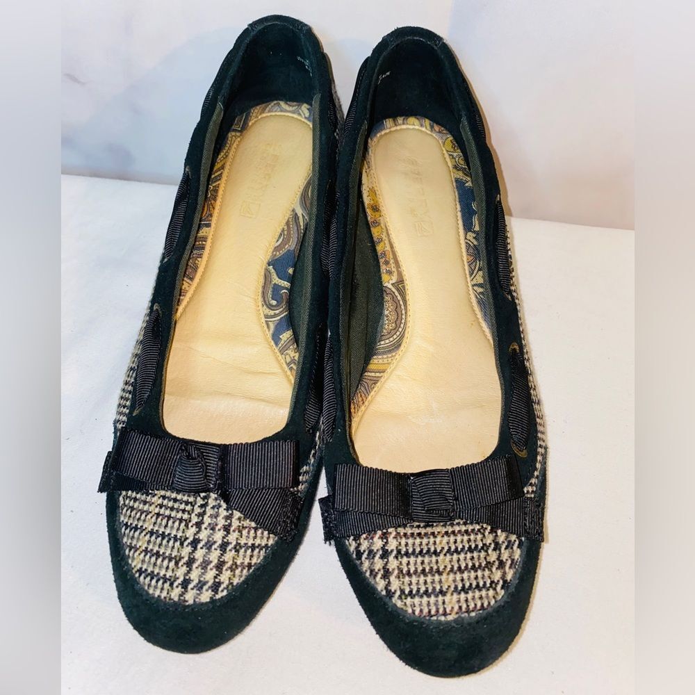 Sperry black and tan plaid wool houndstooth low wedge size 9.5M